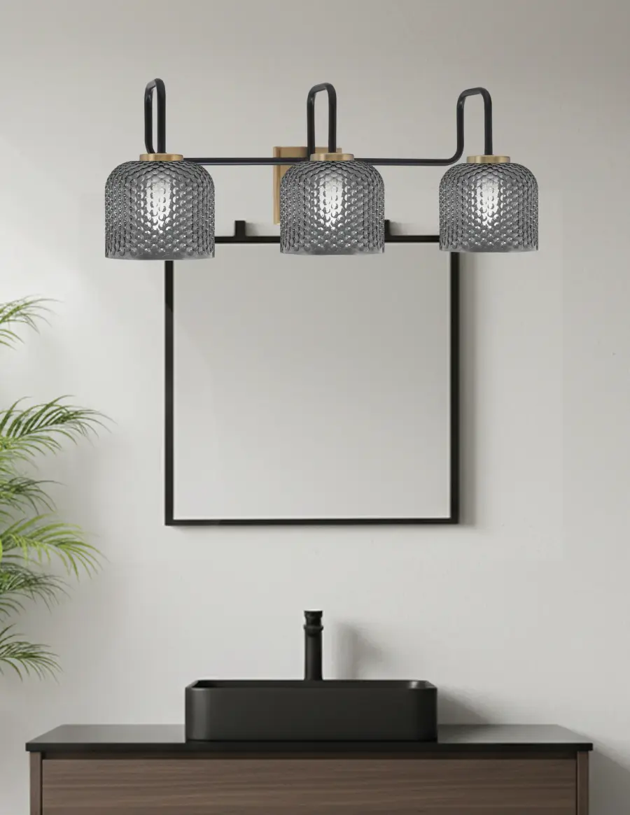 Sandia 3 Light Bath Bar in Matte Black & New Age Brass with Smoke Glass - Image 3