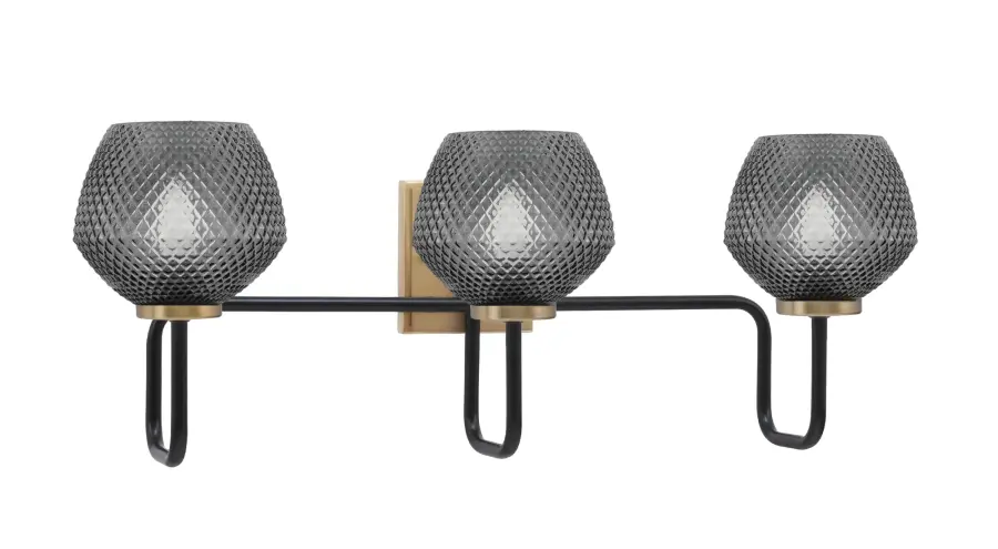 Sandia 3 Light Bath Bar in Matte Black & New Age Brass with Smoke Glass - Image 1
