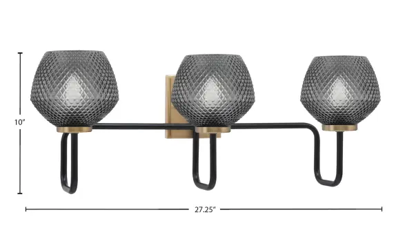 The Sandia 3 Light Bath Bar combines sleek matte black with warm new age brass accents for a contemporary look that works in both modern and transitional bathrooms. Smoke textured glass shades provide ambient lighting. - alternate view