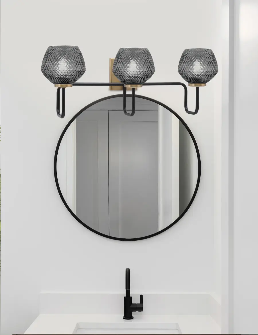 Sandia 3 Light Bath Bar in Matte Black & New Age Brass with Smoke Glass - Image 3