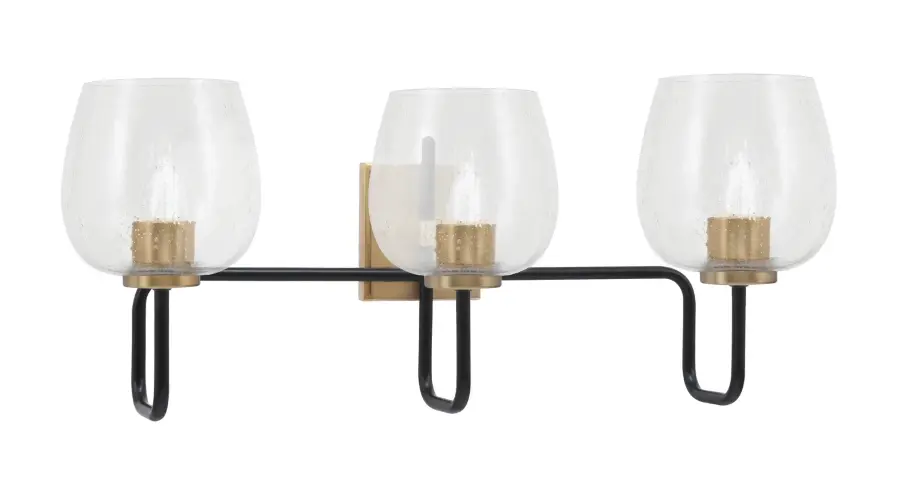 Sandia 3-Light Bath Bar in Matte Black & New Age Brass with Clear Bubble Glass - Image 1