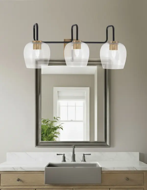 Sandia 3-Light Bath Bar in Matte Black & New Age Brass with Clear Bubble Glass - Image 3
