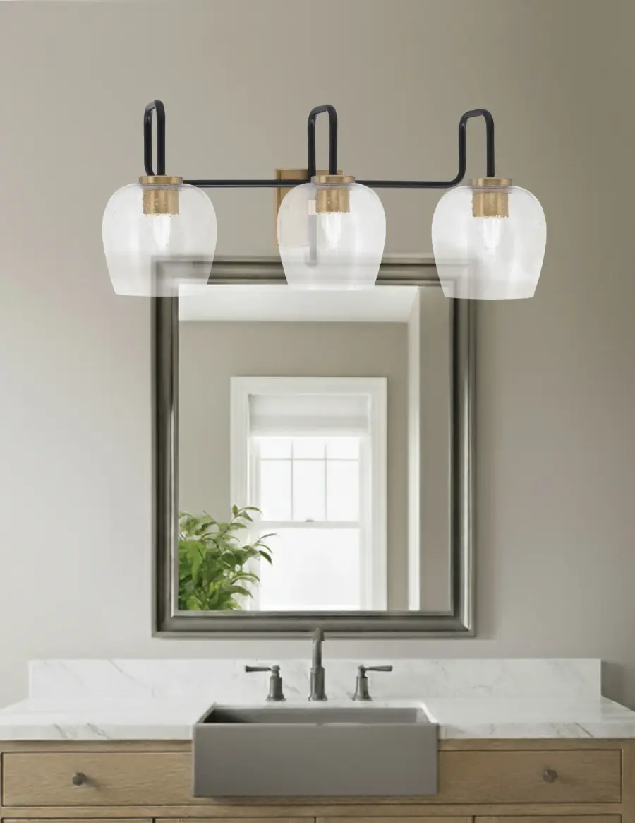 Sandia 3-Light Bath Bar in Matte Black & New Age Brass with Clear Bubble Glass - Image 3