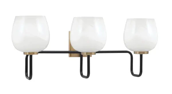 The Sandia 3-Light Bath Bar combines contemporary design with timeless elegance. Its striking Matte Black and New Age Brass finish creates visual interest, while the White Marble Glass shades provide soft, diffused lighting perfect for bathroom vanities.