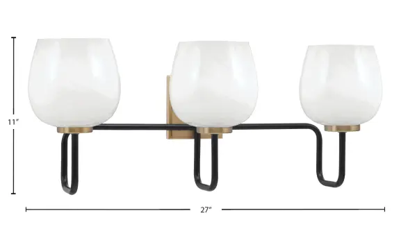 The Sandia 3-Light Bath Bar combines contemporary design with timeless elegance. Its striking Matte Black and New Age Brass finish creates visual interest, while the White Marble Glass shades provide soft, diffused lighting perfect for bathroom vanities. - alternate view