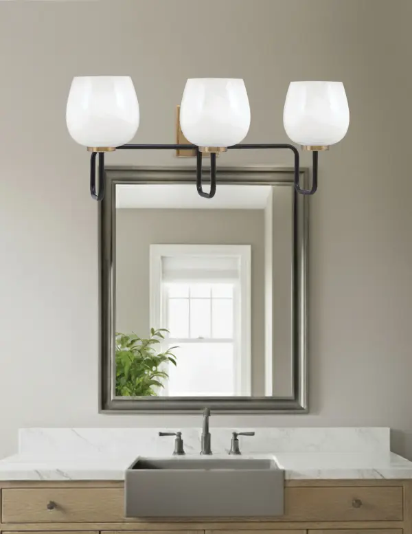Sandia 3-Light Bath Bar in Matte Black & New Age Brass with White Marble Glass - Image 3