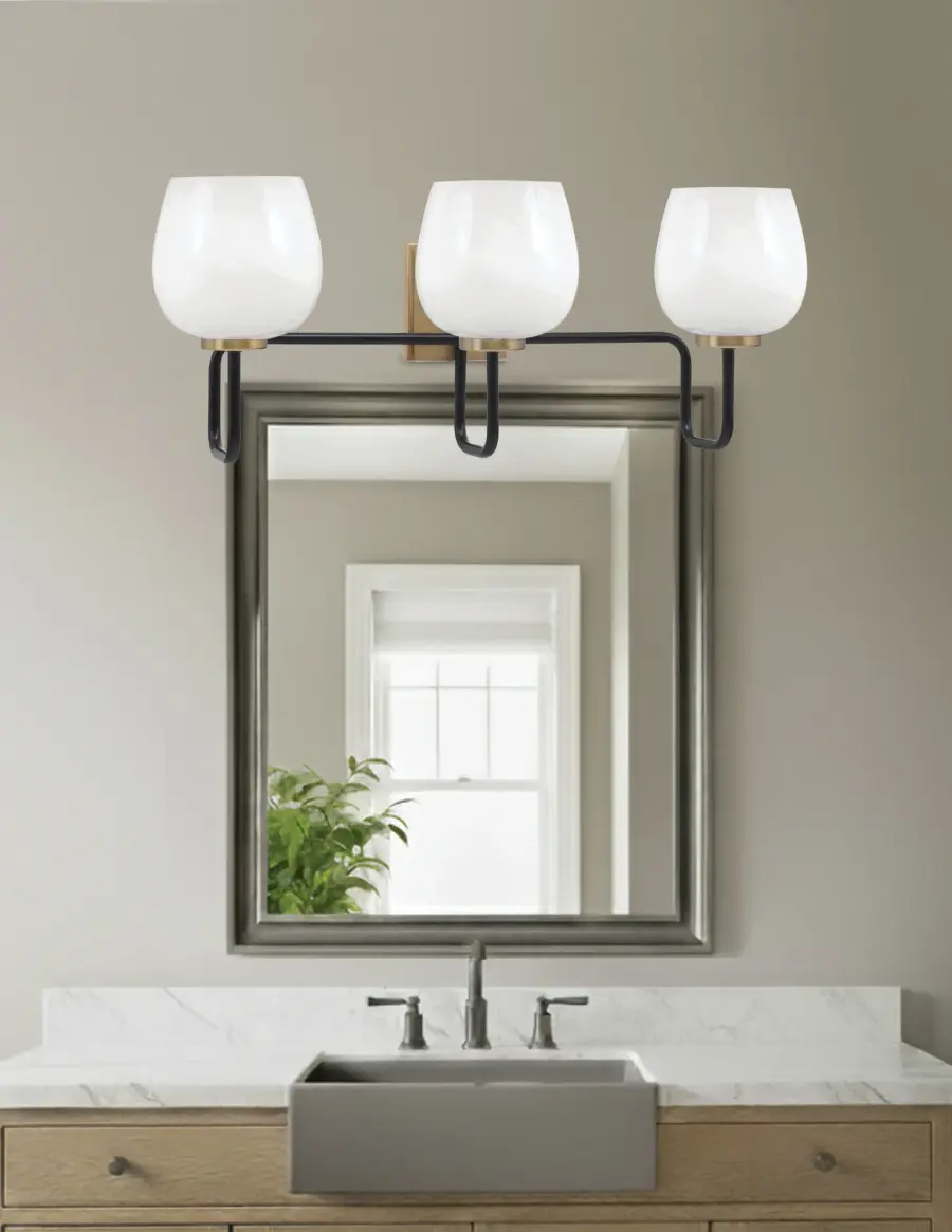 Sandia 3-Light Bath Bar in Matte Black & New Age Brass with White Marble Glass - Image 3