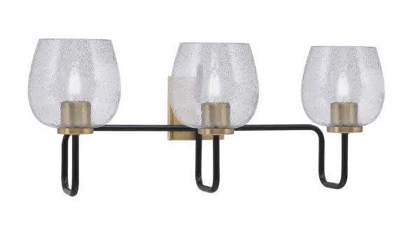 The Sandia 3-Light Bath Bar blends modern industrial design with vintage appeal through its bold two-tone finish and textured smoke bubble glass. Perfect for contemporary and transitional bathrooms seeking character.