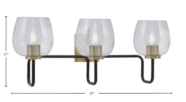 The Sandia 3-Light Bath Bar blends modern industrial design with vintage appeal through its bold two-tone finish and textured smoke bubble glass. Perfect for contemporary and transitional bathrooms seeking character. - alternate view