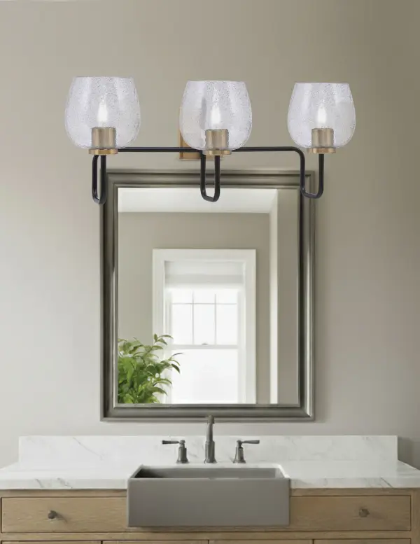 Sandia 3-Light Bath Bar in Matte Black & New Age Brass with Smoke Bubble Glass - Image 3