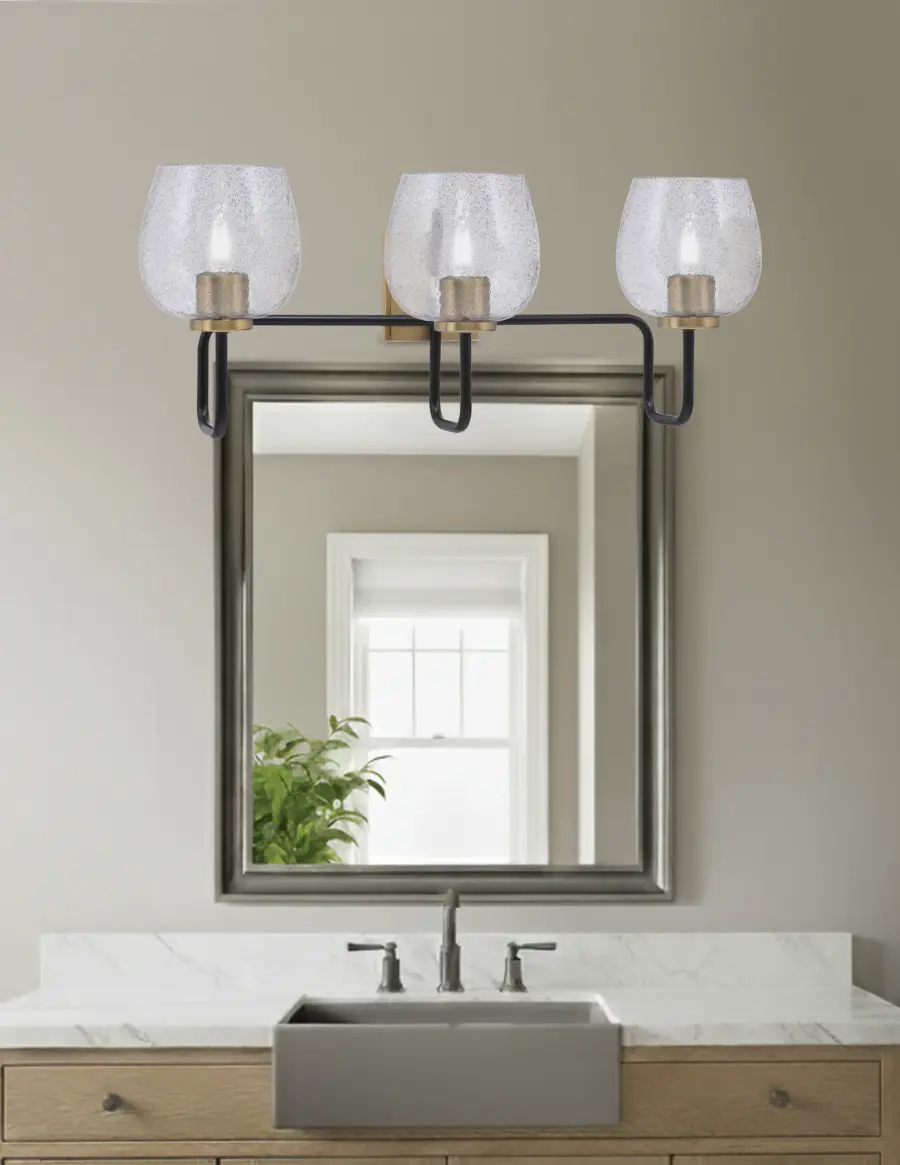 Sandia 3-Light Bath Bar in Matte Black & New Age Brass with Smoke Bubble Glass - Image 3