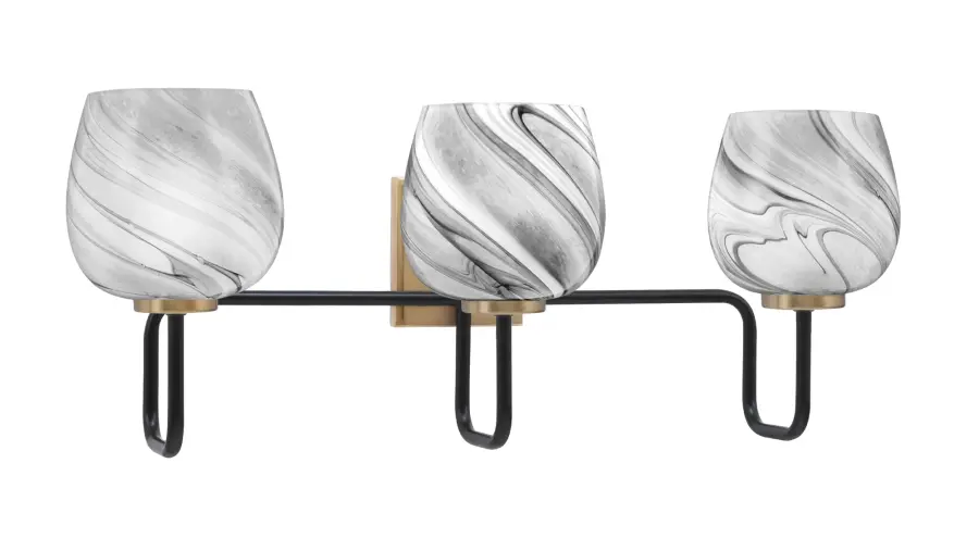 Sandia 3 Light Bath Bar in Matte Black & New Age Brass with Onyx Swirl Glass - Image 1