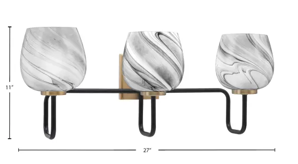 The Sandia 3 Light Bath Bar combines modern design with luxurious details, featuring a striking Matte Black and New Age Brass finish paired with elegant Onyx Swirl Glass shades for sophisticated bathroom illumination. - alternate view