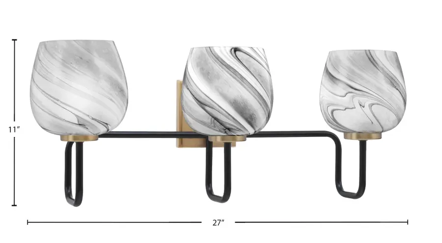 Sandia 3 Light Bath Bar in Matte Black & New Age Brass with Onyx Swirl Glass - Image 2