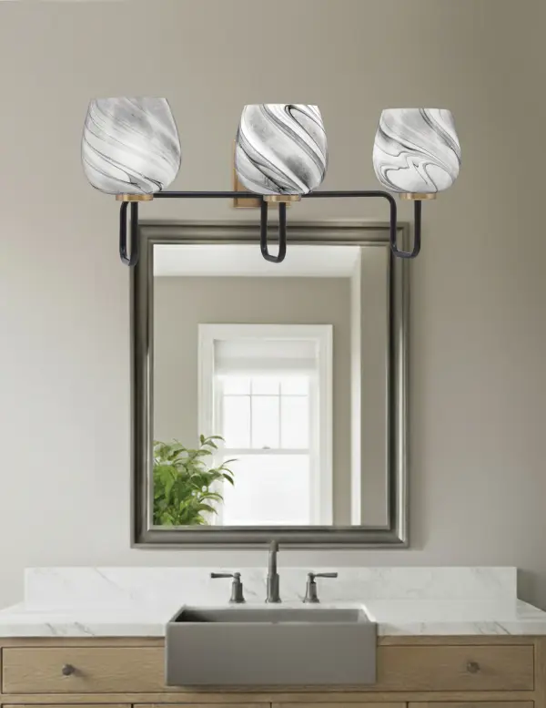 Sandia 3 Light Bath Bar in Matte Black & New Age Brass with Onyx Swirl Glass - Image 3