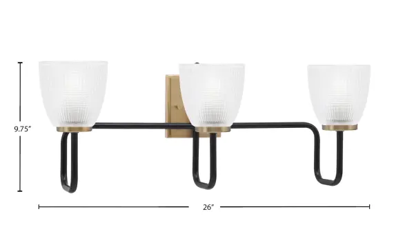 The Sandia 3-Light Bath Bar combines striking Matte Black and New Age Brass finishes with textured ribbed glass shades. Perfect for contemporary and transitional bathrooms, it provides excellent task lighting while adding sophisticated visual interest. - alternate view
