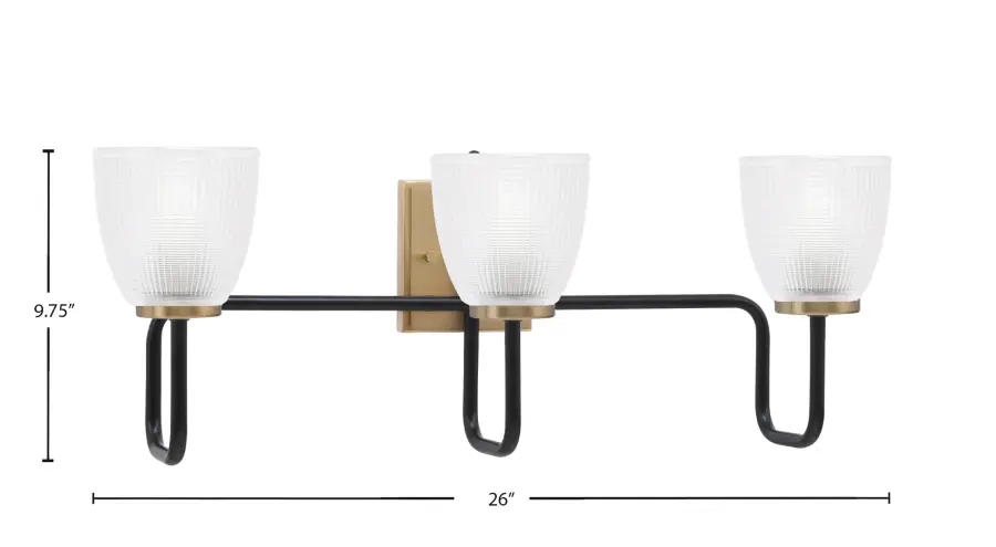 Sandia 3-Light Bath Bar in Matte Black & New Age Brass with Clear Ribbed Glass - Image 2