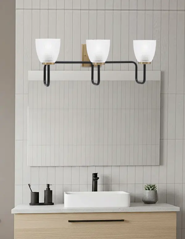 Sandia 3-Light Bath Bar in Matte Black & New Age Brass with Clear Ribbed Glass - Image 3