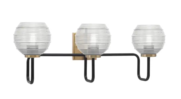 The Sandia 3 Light Bath Bar combines contemporary design with functional elegance. Its striking Matte Black and New Age Brass finish creates visual interest, while the 6-inch Clear Ribbed Glass shades provide textured light diffusion perfect for bathroom vanities.