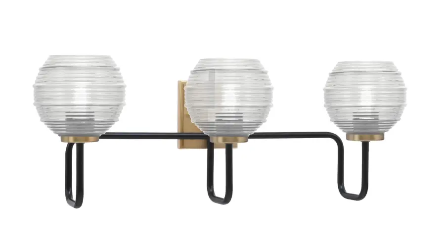 Sandia 3 Light Bath Bar in Matte Black & New Age Brass with Clear Ribbed Glass - Image 1
