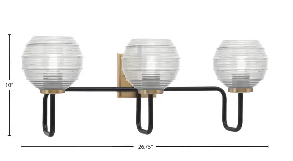 The Sandia 3 Light Bath Bar combines contemporary design with functional elegance. Its striking Matte Black and New Age Brass finish creates visual interest, while the 6-inch Clear Ribbed Glass shades provide textured light diffusion perfect for bathroom vanities. - alternate view