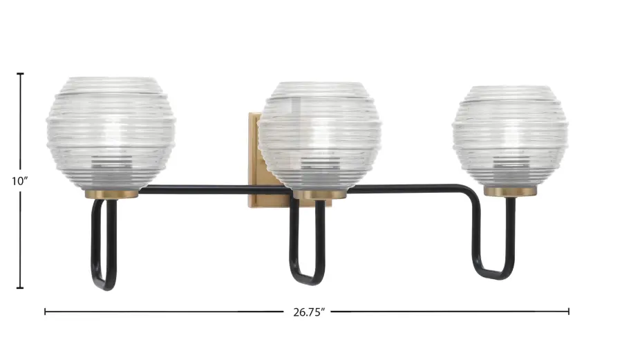 Sandia 3 Light Bath Bar in Matte Black & New Age Brass with Clear Ribbed Glass - Image 2