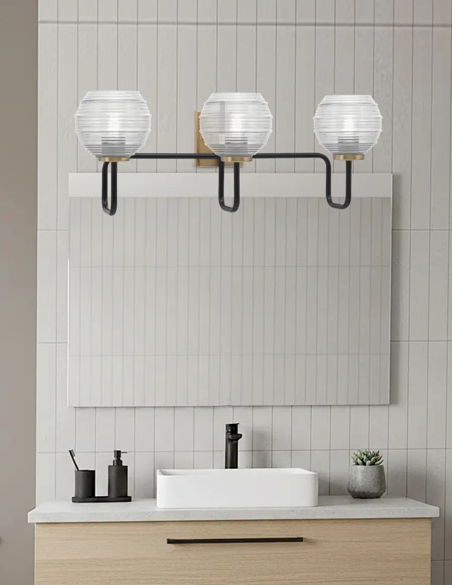Sandia 3 Light Bath Bar in Matte Black & New Age Brass with Clear Ribbed Glass - Image 3