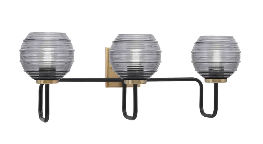 Sandia 3 Light Bath Bar in Matte Black & New Age Brass with Smoke Ribbed Glass - Image 1