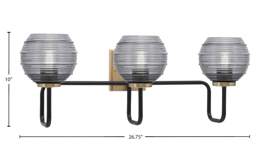 Sandia 3 Light Bath Bar in Matte Black & New Age Brass with Smoke Ribbed Glass - Image 2