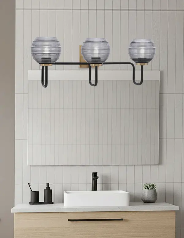 Sandia 3 Light Bath Bar in Matte Black & New Age Brass with Smoke Ribbed Glass - Image 3