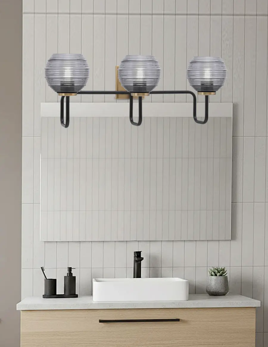 Sandia 3 Light Bath Bar in Matte Black & New Age Brass with Smoke Ribbed Glass - Image 3
