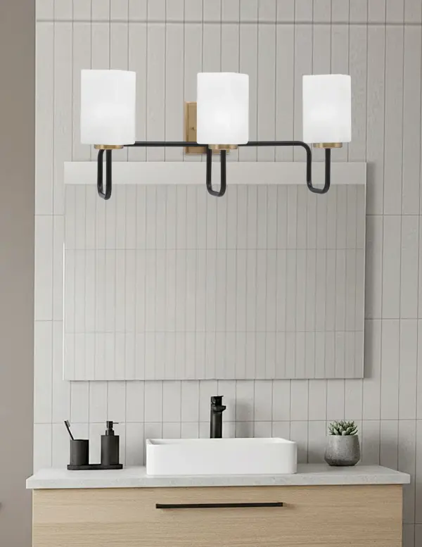 Sophisticated Two-Tone Bath Bar with Geometric Marble Glass Shades - Image 3