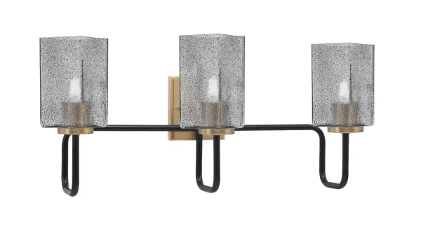The Sandia 3-Light Bath Bar combines striking Matte Black and New Age Brass finishes with unique smoke bubble glass shades. Perfect for modern bathrooms seeking a bold statement piece with warm, diffused lighting.