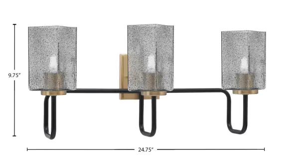 The Sandia 3-Light Bath Bar combines striking Matte Black and New Age Brass finishes with unique smoke bubble glass shades. Perfect for modern bathrooms seeking a bold statement piece with warm, diffused lighting. - alternate view