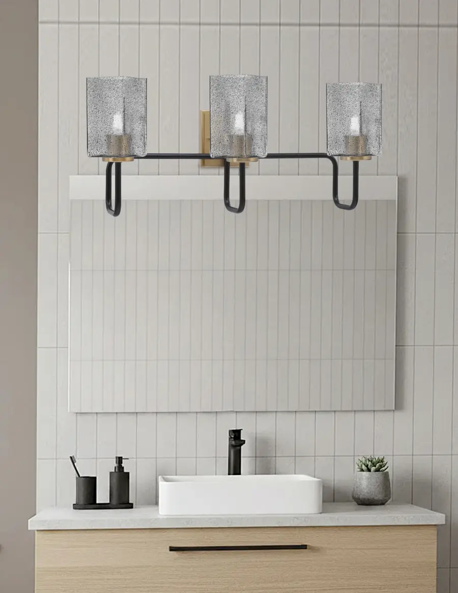 Sandia 3-Light Bath Bar in Matte Black & New Age Brass with Smoke Bubble Glass - Image 3