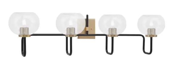 The Sandia 4 Light Bath Bar combines striking Matte Black and New Age Brass finishes with textured Clear Bubble Glass shades. At 38.25 inches wide, it provides ample illumination for medium to large vanities while adding sophisticated industrial-contemporary style.
