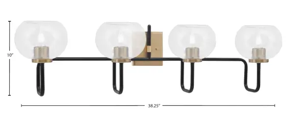 The Sandia 4 Light Bath Bar combines striking Matte Black and New Age Brass finishes with textured Clear Bubble Glass shades. At 38.25 inches wide, it provides ample illumination for medium to large vanities while adding sophisticated industrial-contemporary style. - alternate view
