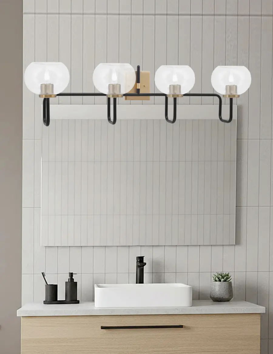 Sandia 4 Light Bath Bar in Matte Black & New Age Brass with Clear Bubble Glass - Image 3
