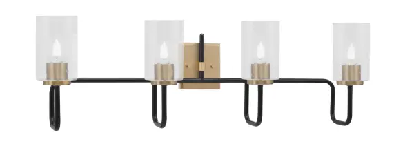 The Sandia 4 Light Bath Bar combines matte black and brass finishes for striking visual contrast. Clear bubble glass shades add texture while diffusing light beautifully. At 35.5" wide, it's ideal for double vanities.