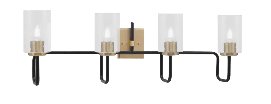 Sandia 4 Light Bath Bar in Matte Black & New Age Brass with Clear Bubble Glass - Image 1