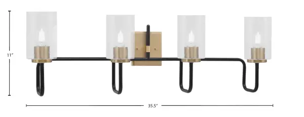 The Sandia 4 Light Bath Bar combines matte black and brass finishes for striking visual contrast. Clear bubble glass shades add texture while diffusing light beautifully. At 35.5" wide, it's ideal for double vanities. - alternate view