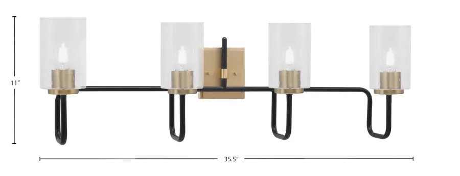 Sandia 4 Light Bath Bar in Matte Black & New Age Brass with Clear Bubble Glass - Image 2