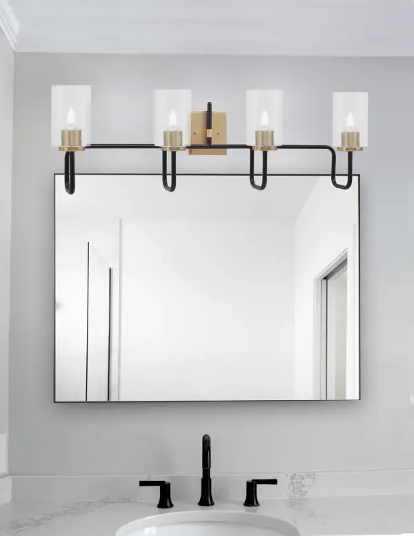 Sandia 4 Light Bath Bar in Matte Black & New Age Brass with Clear Bubble Glass - Image 3