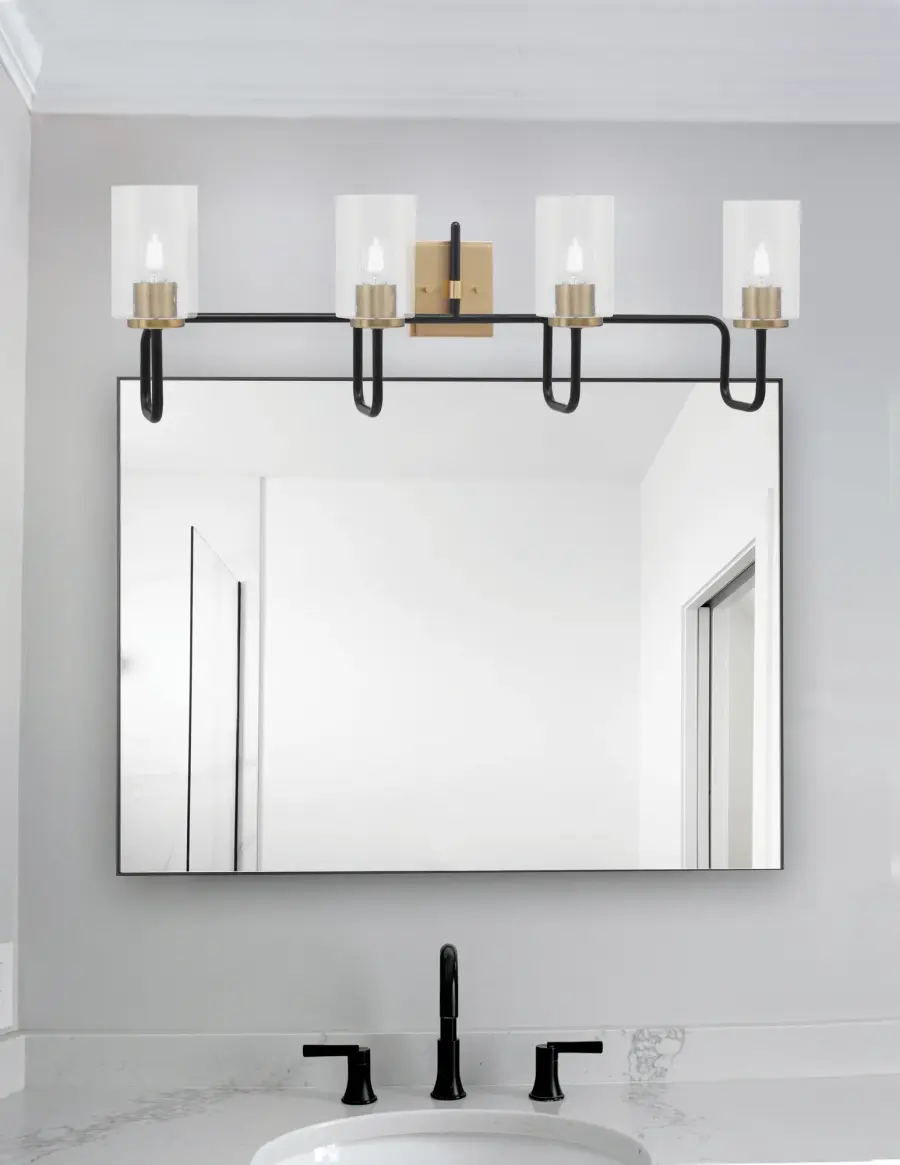 Sandia 4 Light Bath Bar in Matte Black & New Age Brass with Clear Bubble Glass - Image 3