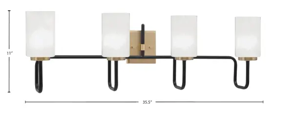 The Sandia 4 Light Bath Bar combines contemporary design with timeless elegance. Its striking Matte Black and New Age Brass finish creates visual interest, while the White Marble Glass shades provide soft, diffused lighting perfect for bathroom vanities. - alternate view