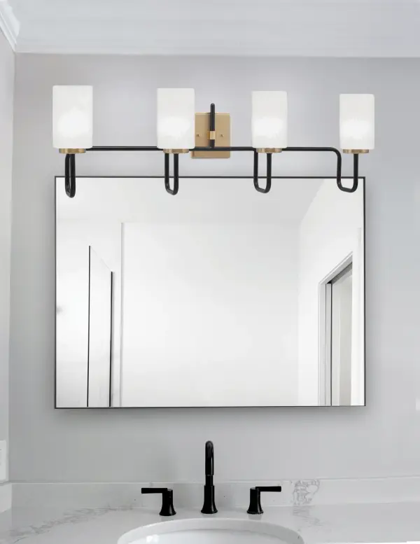 Sandia 4 Light Bath Bar in Matte Black & New Age Brass with White Marble Glass - Image 3