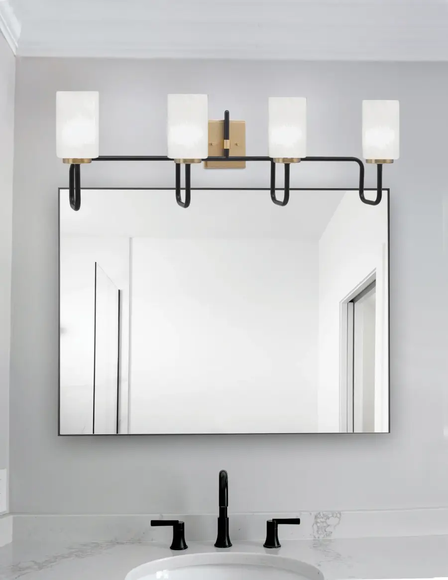 Sandia 4 Light Bath Bar in Matte Black & New Age Brass with White Marble Glass - Image 3