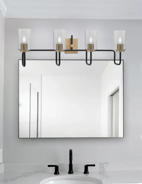 Sandia 4 Light Bath Bar in Matte Black & New Age Brass with Smoke Bubble Glass - Image 3