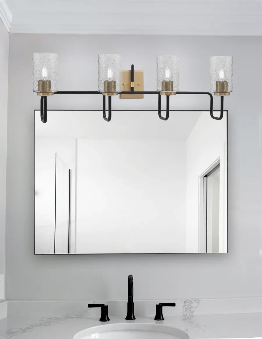 Sandia 4 Light Bath Bar in Matte Black & New Age Brass with Smoke Bubble Glass - Image 3
