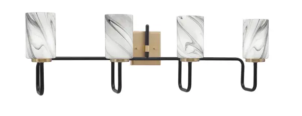 The Sandia 4 Light Bath Bar delivers striking visual impact with its dual-tone Matte Black and New Age Brass finish. The unique Onyx Swirl Glass shades create captivating depth and texture, while the 35.5-inch span provides ample illumination for larger vanities.